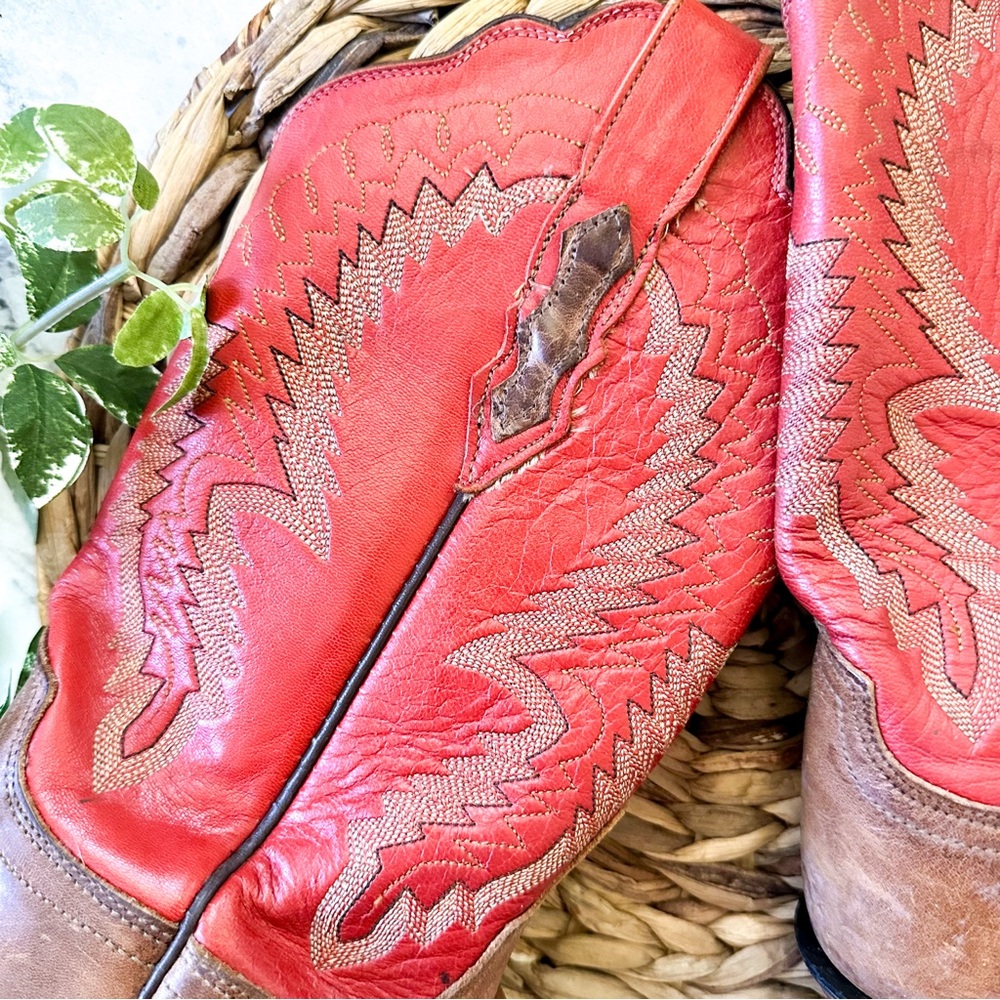Lucchese 1883 Vintage Womens Laurel Tan & Red Scalloped Cowboy Boots - Picture 4 of 11
